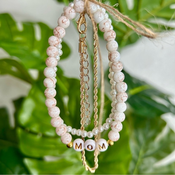 Beige & Good Mom Word Beaded Bracelet 3 Piece Bundle | Stack | Gift - Picture 3 of 5